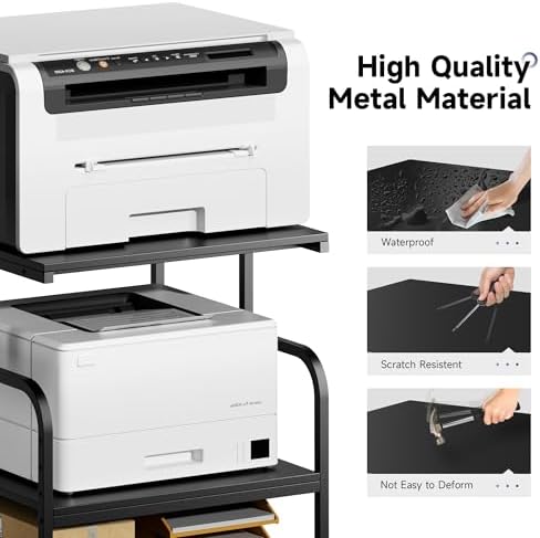 Warmiehomy Printer Stand, 24''×24''×29'' Large Printer Table for Home Office with Locking Casters, Sturdy 3-Tier Rolling Cart with Adjustable Shelf, Mini Fridge Stand, Home Office Essentials, Black - Image 6