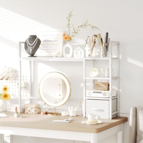 Desk Shelf with Drawer, 41.3" Desktop Organizer Shelf, Desk Hutch for Computer Monitor Max 32", 3 Tier Desktop Display Rack, Wooden Desk Top Bookshelf Storage Rack for Home Office Dorm, White - Image 5
