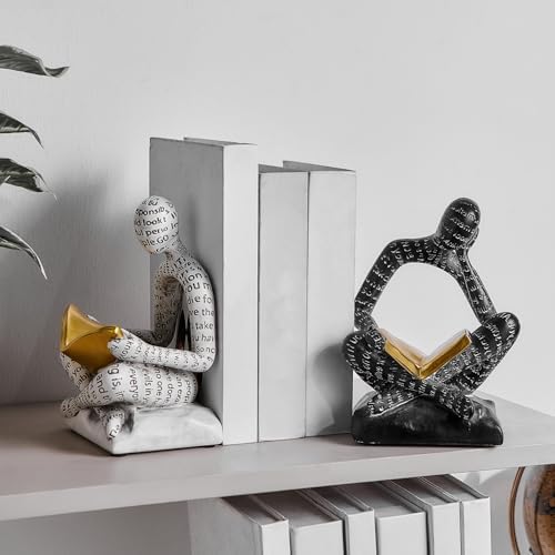 BANOMII Heavy Duty Book Ends for Shelves, Thinker Decorative Bookends for Heavy Books, Unique Book Stoppers to Hold Book, Bookshelf Accessories, Modern Home Office Decor Aesthetic Black & White - Image 3