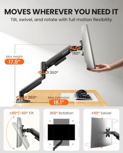 ErGear Single Monitor Arm, Fully Adjustable Monitor Mount for 13–34 Inch Screens, Fast Install Computer Monitor Stand with Tool-Free VESA Mount, Cable Management, Holds 19.8 lbs - Image 4
