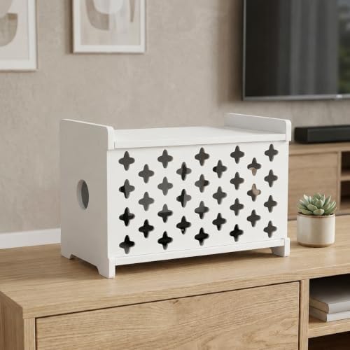 SKAGIT Wooden WiFi Router Storage Box Hider, Decorative Projector Box Hider Rack Countertop, Cable Management Organizer for Modem, Router, Power Strip, and Small Accessories White - Image 4