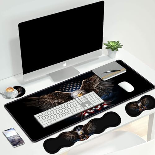 4 in 1 Ergonomic Keyboard Wrist Rest & Mouse Pad Wrist Rest Set, Large XXL Gaming Desk Mat 31.5"x 11.8" with Non-Slip Base, Memory Foam for Home Office Study Gaming, American Flag Bald Eagle - Image 7
