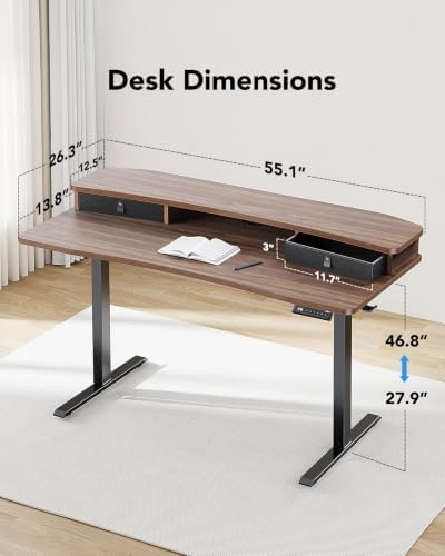 HUANUO 55" x 26" Electric Standing Desk with 2 Drawers, C-Clamp Mount Compatible, Height Adjustable Computer Desk, Home Office Stand Up Desk with 4 Preset Heights & 2 Hooks, Walnut - Image 3