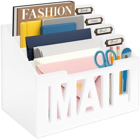 Mail Organizer Countertop, Desktop Mail Sorter with 4 Slots & Labels, White by ADDFITHOUSE