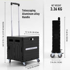 Folding Utility Cart Black Portable Rolling Crate Handcart Foldable Shopping Trolley Collapsible, with Lid, on Wheels, for Grocery, Garden, Office, Storage, Teacher, Tool (Black) - Image 4