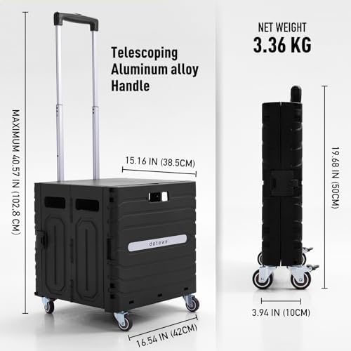Folding Utility Cart Black Portable Rolling Crate Handcart Foldable Shopping Trolley Collapsible, with Lid, on Wheels, for Grocery, Garden, Office, Storage, Teacher, Tool (Black) - Image 4