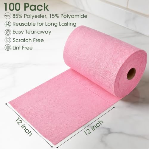 Reusable Microfiber Cleaning Cloth Roll - 100 Pack, 12"x12" Washable Tear-Away Paper Towels, Lint-Free & Streak-Free Rags for Kitchen, Glass, Cars, Electronics, Workshop and Garage(Pink) - Image 2