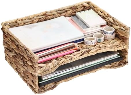 BTSKY 2 Tier Water Hyacinth Letter File Storage Basket, Woven Paper Organizer A4 File Tray Magazine Holder Woven Basket for Desk Document Office Paper Organizer and Storage by BTSKY