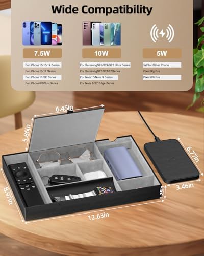Leather Valet Tray with Wireless Charging Pad - Luxury EDC Nightstand Organizer for Men - Premium Desk Tray for Phone, Watch, Glasses & Keys - Sleek Office Desk Accessories & Gift for Him (Black) - Image 5