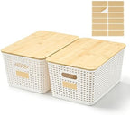 Bagnizer 2 Pack Tall Plastic Storage Bins with Bamboo Lids, 10.8qt Stackable Storages Baskets for Organizing Desktop Closet Playroom Classroom Office, 12"L x 8.3"W x 6.1"H, Cream White by Bagnizer