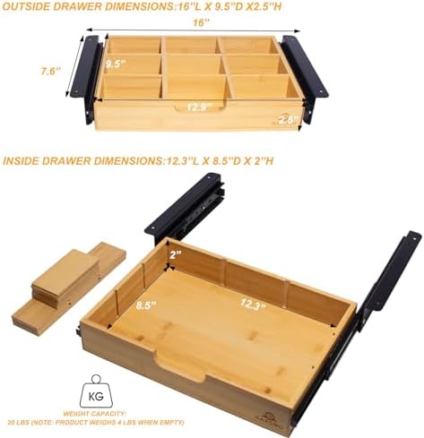 Under Desk Bamboo Drawer with U-Shaped Hollow Panel to Pull Out, 13'' Long & 9.5'' Deep Adjustable Space Storage Organizer for Sit Stand Workstation - Image 2