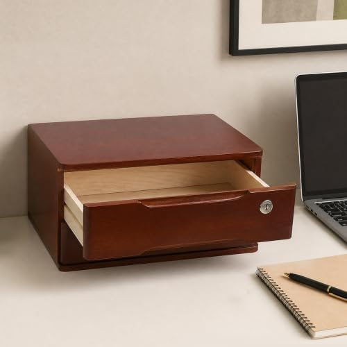 Wooden Desk Organizer with Drawers and Lock, Desktop Storage Cabinet,Drawer Organizer Desktop Drawer Wooden Storage Box for Home office Supplies (Walnut, 2Tier) - Image 5