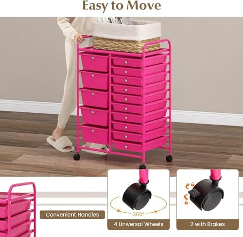 LDAILY 15 Drawer Rolling Storage Cart, Rolling Cart with Drawers for Classroom, Art Supply Craft Organizer on Wheel with Metal Frame & Handles for Home Office School - Image 5