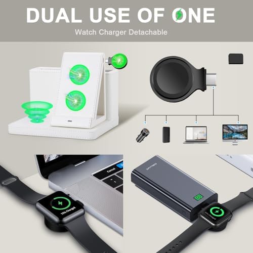 LADSTAG Leather Desk accessories Pen Holder with 3-in-1 Wireless Charger for Phone, Earbuds, Watch Multifunctional Desktop Phone Stand for Office and Home,birthday gifts,gifts for him (white) - Image 3