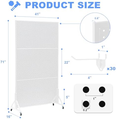 Eastern Tree Metal Pegboard Display Stand 3.5 x 6 Feet with 30 Hooks, Standing Pegboard Display with Wheels, Peg board Display Rack, Large Pegboard Panels - White - Image 2