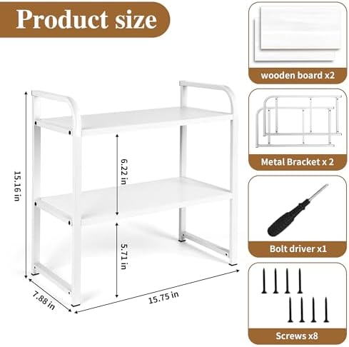 Desktop Shelf Organizer Office Desk Shelf for Top of Desk Wood & Metal Bookshelf Supplies Storage Rack (White) - Image 3