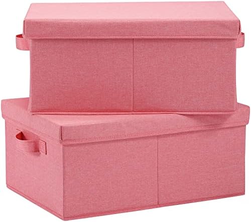 HOONEX Linen Foldable Storage Bins with Lids, 2 Pack, Storage Boxes with Carrying Handles and Sturdy Heavy Cardboard, 16.5" L x 11.8" W x 7.5" H for Shoes, Books, Clothes, Nursery, Pink by HOONEX