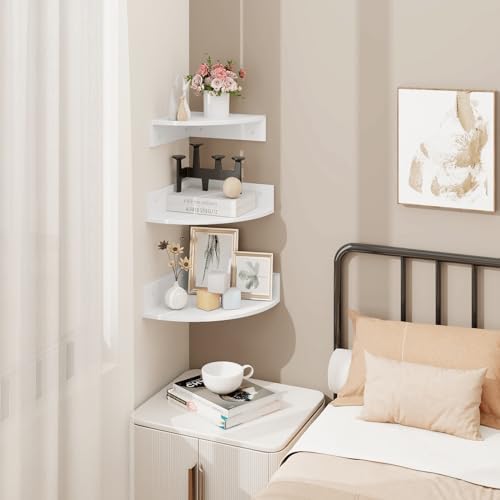 Homode Floating Corner Shelves, Set of 3 Wood Corner Wall Shelves with Wire Hole, 12 Inch Deep Hanging Corner Display Shelf for Living Room, Kitchen, Bedroom, White - Image 2