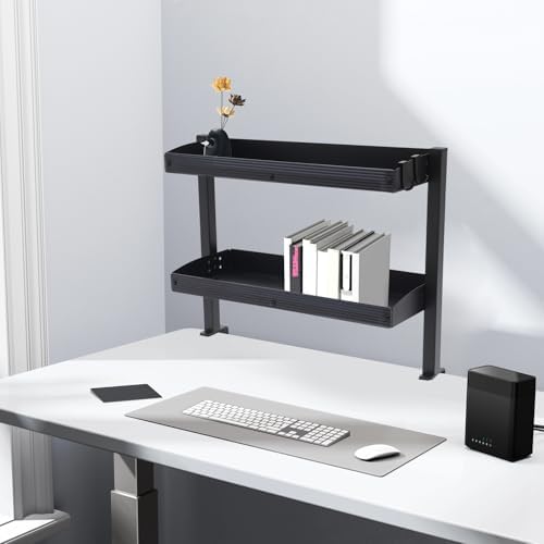 LYNICESHOP Clamp On Desk Shelf,2-Tier Adjustable Storage Organizer with Tray for Laptop, Office Supplies and Decor 22lbs Capacity per Shelf (Black/White) (Black) - Image 6
