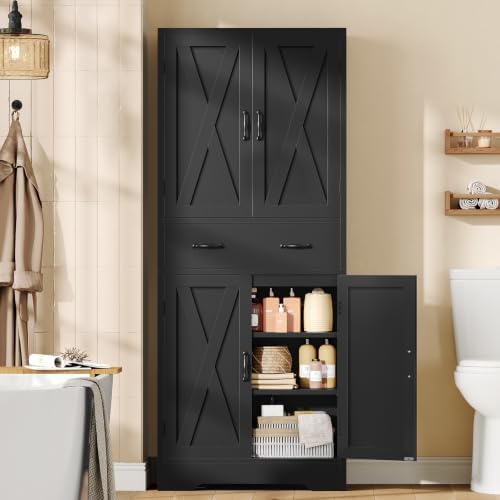 TEENFON Tall Storage Cabinet with 2 Adjustable Shelves & 1 Large Drawer, Kitchen Pantry Cabinet with 4 Doors, Bathroom Storage Cabinets, for Living Room, Kitchen, Bathroom, Black - Image 7