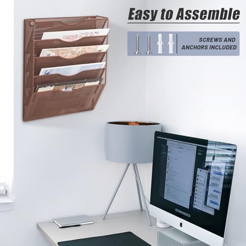 EASEPRES 5 Pocket Mesh Hanging Wall File Organizer, Wall Mounted Mail Paper Document Folder Holder, Clipboard Storage Organization Magazine Rack with Nametag Label for Office Home School, Brown - Image 5