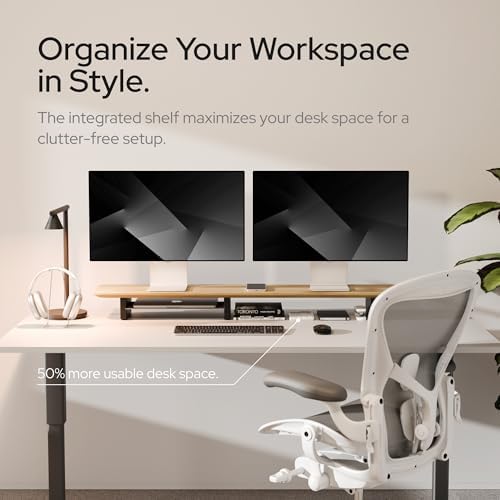 KIVY Dual Monitor Riser With Integrated Metal Shelf - Wooden Desk Shelf - Image 2
