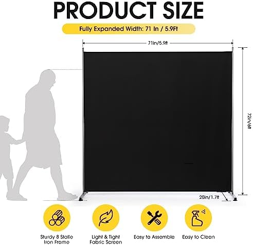 RANTILA Single Large Panel Room Divider, Privacy Screen for Office, Partition Separators, Freestanding Divider 71''W x 71''H, Black - Image 2