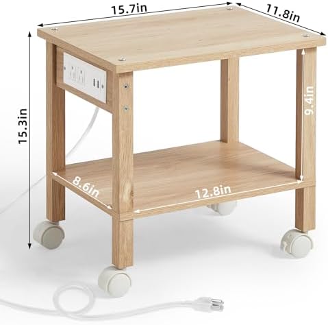 YUFAM 2 Tier Under Desk Printer Stand with Charging Station, Natural - Image 3