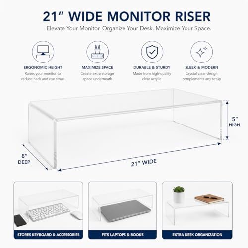 Azar 515360 Acrylic Monitor Stand Riser – Made in USA Laptop stand and Monitor Riser Acrylic Monitor Stand Riser Clear Laptop Stand for Desk Ergonomic Display Riser, Clear (21-Inch-Luxury Handcrafted) - Image 5