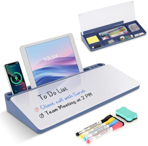 Desktop Glass Whiteboard with Storage, Desk Dry Erase White Board Blue by WALGLASS