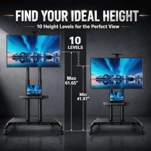PERLESMITH Mobile TV Stand for 55-90 Inch Flat/Curved Screen TV Max VESA 800x500mm Outdoor TV Cart with Height Adjustable AV Shelf- UL Certificated Rolling Floor TV Stand Holds up to 200Lbs (PSTVMC07) - Image 4