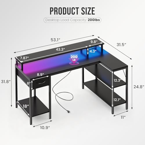 OLIXIS 53 Inch L Shaped Gaming Desk with LED Lights, Storage Shelves - Image 2