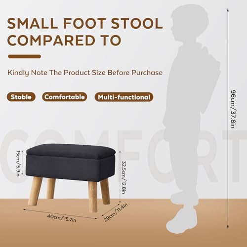 Storage Ottoman, Small Foot Stool Ottoman with Storage, Linen Foot Rest with Wood Legs, Footstool for Living Room, Bedroom, Entryway, Black - Image 2