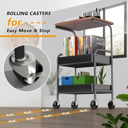 Rolling Cart with Wooden Tabletop, 3 Tier Metal Utility Cart, Rolling Storage Organizer Cart with Lockable Wheels for Kitchen, Office, Bedroom (Black) - Image 4