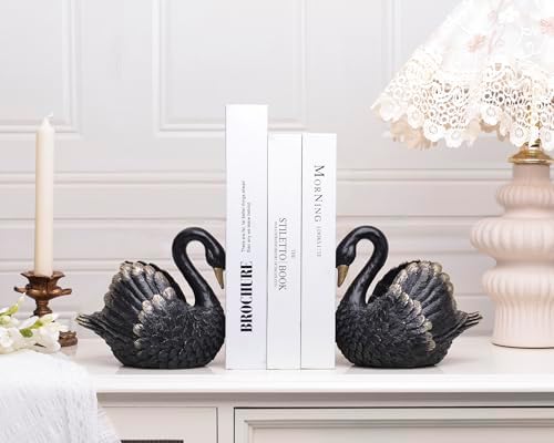 Swan Decorative Bookends,Resin Book Ends for Shelves,Unique Black Book Holders,Heavy Duty Swan Decor for Home Office Desk Bookshelf,Set of 2,Gifts for Anniversary - Image 2