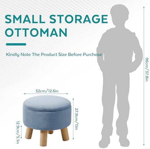 Small Foot Stool Ottoman with Storage, Soft Faux Fur Ottoman Foot Rest for Couch, Round Footstool with Storage, Small Ottomans and Footstools for Living Room and Entryway (Light Blue) - Image 2