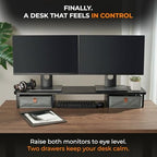 DuoStand Plus - 39” Dual Monitor Riser for Desk with 2 Drawers - Wood & Steel Double Monitor Stand with Storage - Desk Organizer Shelf for Desktop Computer, Laptop, TV & Printer (Matte Black) - Image 2
