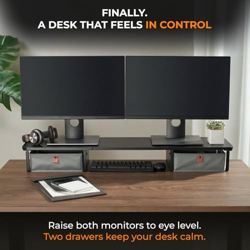 DuoStand Plus - 39” Dual Monitor Riser for Desk with 2 Drawers - Wood & Steel Double Monitor Stand with Storage - Desk Organizer Shelf for Desktop Computer, Laptop, TV & Printer (Matte Black) - Image 2