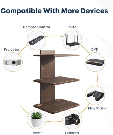 Floating TV Projector Shelf Wall Mount - 3 Tier Wooden Shelf, Walnut Brown - Image 5