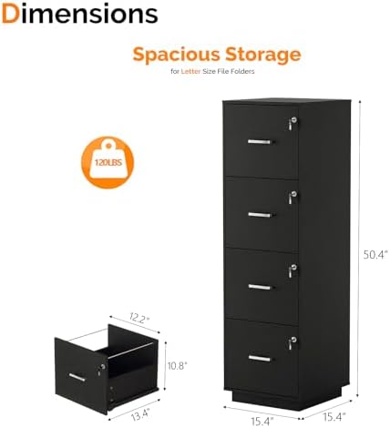 VINGLI 4 Drawer File Cabinet with Lock, Home Office Filing Organizer, for Letter Size File Folder Storage, Wood Tall Vertical Filing Cabinet, Printer Stand, Archivador (Black) - Image 3