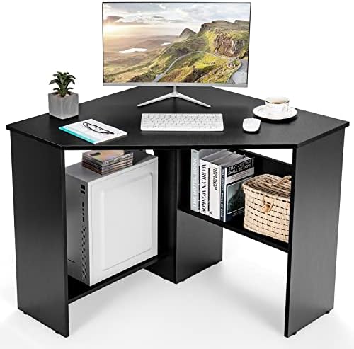 COSTWAY Corner Computer Desk, Space-Saving Triangular Writing Desk w/ 2 Storage Shelves & 2 Cable Holes, Multi-Functional Console Table for Small Space in Home Office, Living Room, Bedroom (Black) by COSTWAY
