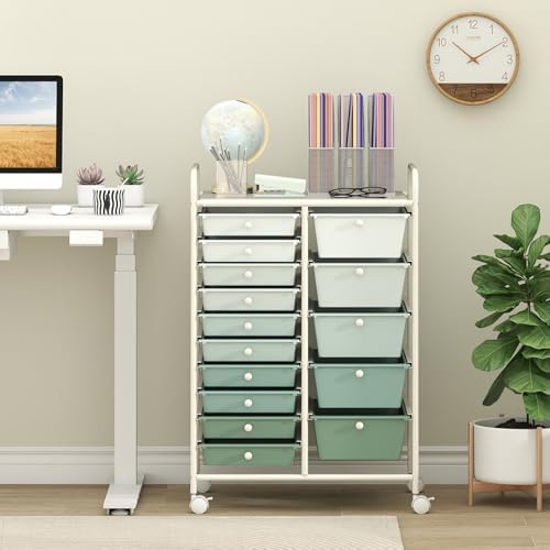 Giantex 15 Drawers Rolling Cart, Classroom Organizers, Storage Cart with Wheels, for Teacher Office Home School Supplies Tool Craft Art Paper, Green Gradient - Image 6