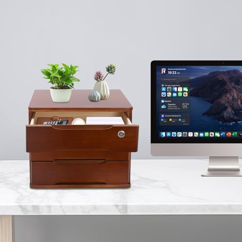 Wood Desk Organizer with 3 Drawers, Lockable Desktop Countertop Storage Cabinet for Home Office Supplies File Tabletop Storage Box, 15.35" x 11.81" x 12.2" (Dark Brown) - Image 5