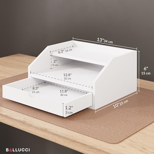 Ballucci Desk Organizer with Drawer, 2 Tier Paper Office Supplies Desk Organizer, 13 2/5" x 9 3/5" x 6", White - Image 3