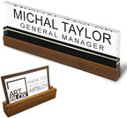 Artblox Personalized Office Desk Name Plate and Business Card Holder | Clear Acrylic Glass with Teak Wood Stand | Black Stripe Design Customized with Your Name and Credentials Office Desk Decor by Artblox