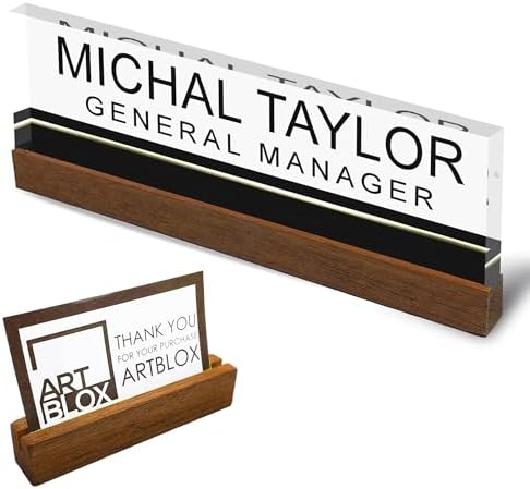 Artblox Personalized Office Desk Name Plate and Business Card Holder | Clear Acrylic Glass with Teak Wood Stand | Black Stripe Design Customized with Your Name and Credentials Office Desk Decor by Artblox