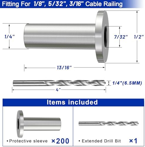 Steel DN Mate 200 Pack Stainless Steel Protector Sleeves for 1/8" 5/32" or 3/16" Cable Railing, Cable Protector Sleeves for Cable Railing System,T316 Cable Railing Hardware with a Drill Bit, DE50 - Image 2