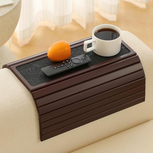 Bamboo Couch Arm Tray Table with Anti-Slip Cork Pad，Foldable Sofa Armrest Tray Table for Couch，Flexible Couch Arm Cup Holder，Portable Sofa Arm Chair Table for Drink, Snacks, Phone, Remote (Mahogany) by HNLISA