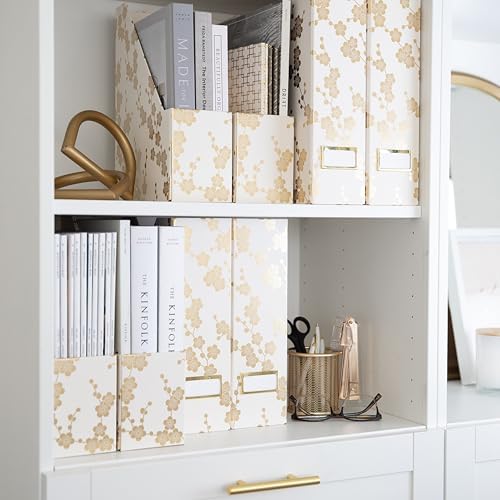 BLU MONACO | Set of 4 Foldable Magazine Storage Boxes with Gold Floral Pattern | Decorative Vertical File Organizers with Gold Label Holders for Desk, Shelves & Home Office - Image 2