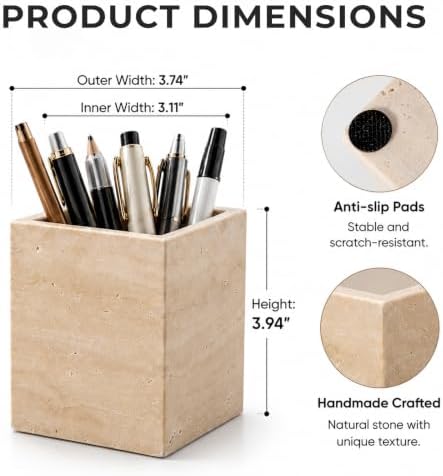 Koville Travertine Toothbrush Holder, Natural Marble Stone Makeup Brush Holder, Rectangular Pencil Cup Office Countertop Organizer Utensil Container Vanity Bathroom Kitchen Sink(Beige) - Image 2